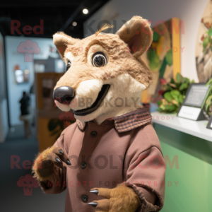 Brown Thylacosmilus mascot costume character dressed with a Sweater and Lapel pins