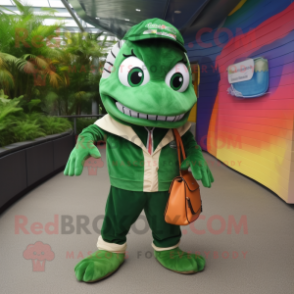 Forest Green Barracuda mascot costume character dressed with a Jumpsuit and Messenger bags