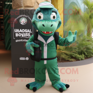 Forest Green Barracuda mascot costume character dressed with a Jumpsuit and Messenger bags