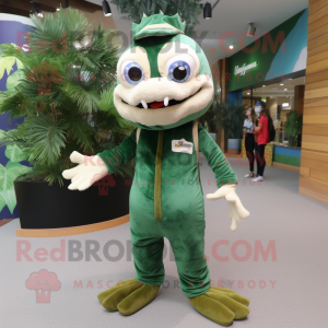 Forest Green Barracuda mascot costume character dressed with a Jumpsuit and Messenger bags