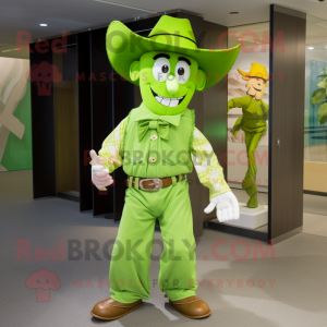 Lime Green Cowboy mascot costume character dressed with a Dress Shirt and Earrings