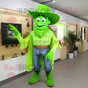 Lime Green Cowboy mascot costume character dressed with a Dress Shirt and Earrings