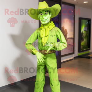 Lime Green Cowboy mascot costume character dressed with a Dress Shirt and Earrings