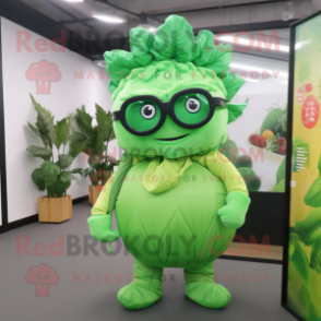 Lime Green Cabbage Leaf mascot costume character dressed with a Bodysuit and Eyeglasses