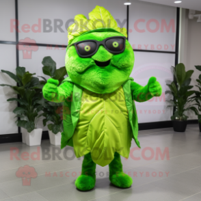 Lime Green Cabbage Leaf mascot costume character dressed with a Bodysuit and Eyeglasses
