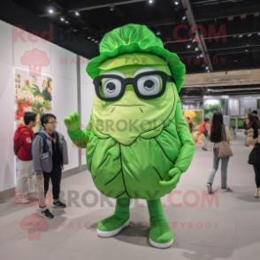 Lime Green Cabbage Leaf mascot costume character dressed with a Bodysuit and Eyeglasses