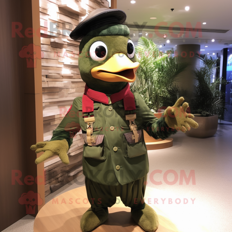 Olive Woodpecker mascot costume character dressed with a Rash Guard and Berets