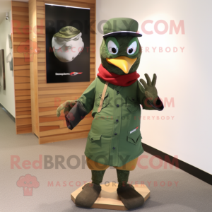 Olive Woodpecker mascot costume character dressed with a Rash Guard and Berets
