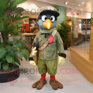 Olive Woodpecker mascot costume character dressed with a Rash Guard and Berets