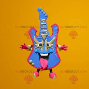 Mascota de guitarra eléctrica de color azul y rosa -