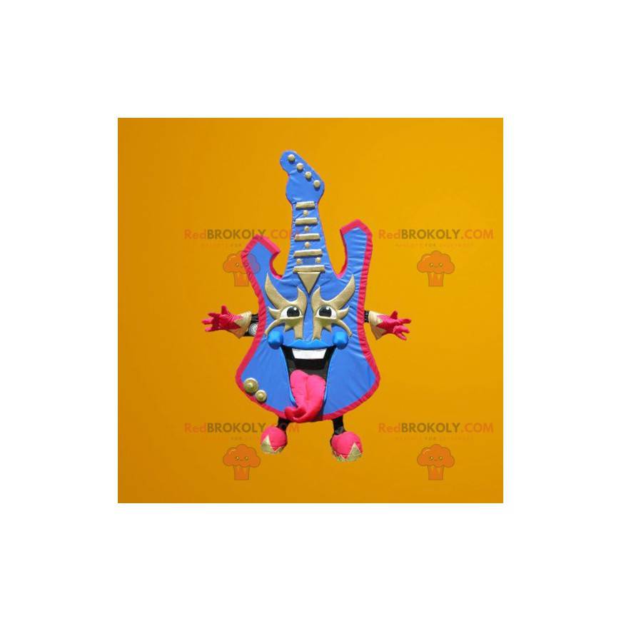Mascote da guitarra elétrica colorida em azul e rosa -