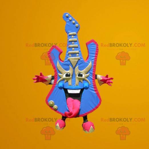 Electric guitar mascot colored in blue and pink - Redbrokoly.com