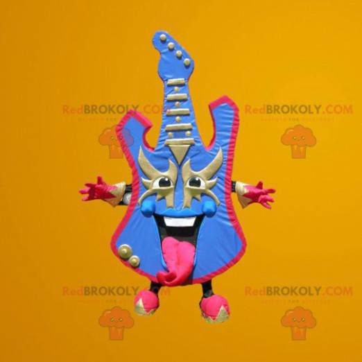 Mascote da guitarra elétrica colorida em azul e rosa -