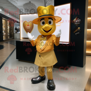 Gold Heart mascot costume character dressed with a Henley Shirt and Hat pins