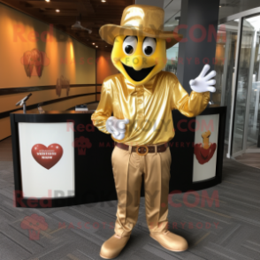 Gold Heart mascot costume character dressed with a Henley Shirt and Hat pins