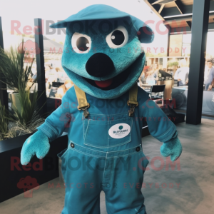 Turquoise Navy Seal mascot costume character dressed with a Dungarees and Tie pins