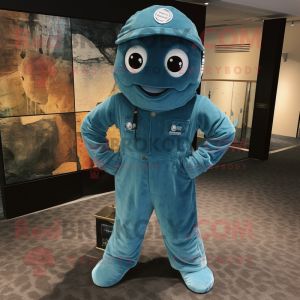 Turquoise Navy Seal mascot costume character dressed with a Dungarees and Tie pins