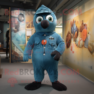 Turquoise Navy Seal mascot costume character dressed with a Dungarees and Tie pins