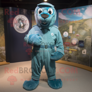 Turquoise Navy Seal mascot costume character dressed with a Dungarees and Tie pins