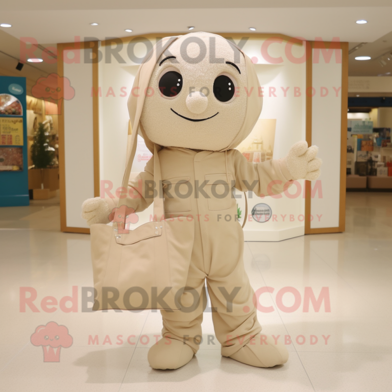 Beige But mascot costume character dressed with a Jumpsuit and Tote bags Beige But mascot costume character dressed with a Jumpsuit and Tote bags