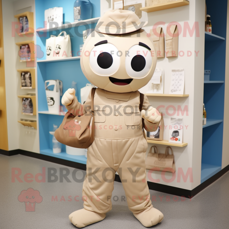 Beige But mascot costume character dressed with a Jumpsuit and Tote bags Beige But mascot costume character dressed with a Jumpsuit and Tote bags