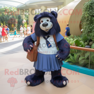 Navy Sloth Bear mascot costume character dressed with a Mini Skirt and Messenger bags