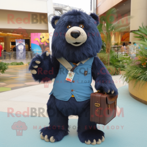 Navy Sloth Bear mascot costume character dressed with a Mini Skirt and Messenger bags