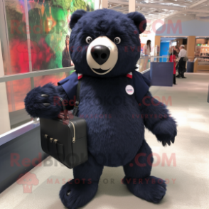 Navy Sloth Bear mascot costume character dressed with a Mini Skirt and Messenger bags