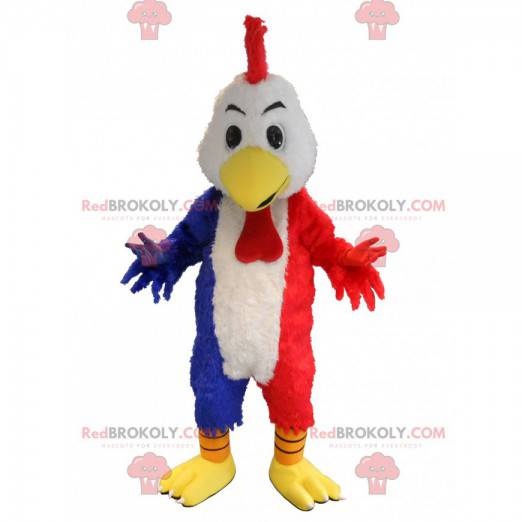 Mascotte de coq de poule bleue blanche et rouge. -