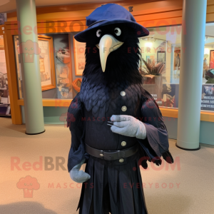 Navy Crow mascot costume character dressed with a Henley Shirt and Cummerbunds