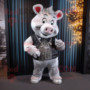 Silver Sow mascot costume character dressed with a Jeggings and Rings