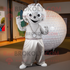 Silver Golf Ball mascot costume character dressed with a Dress Pants and Necklaces
