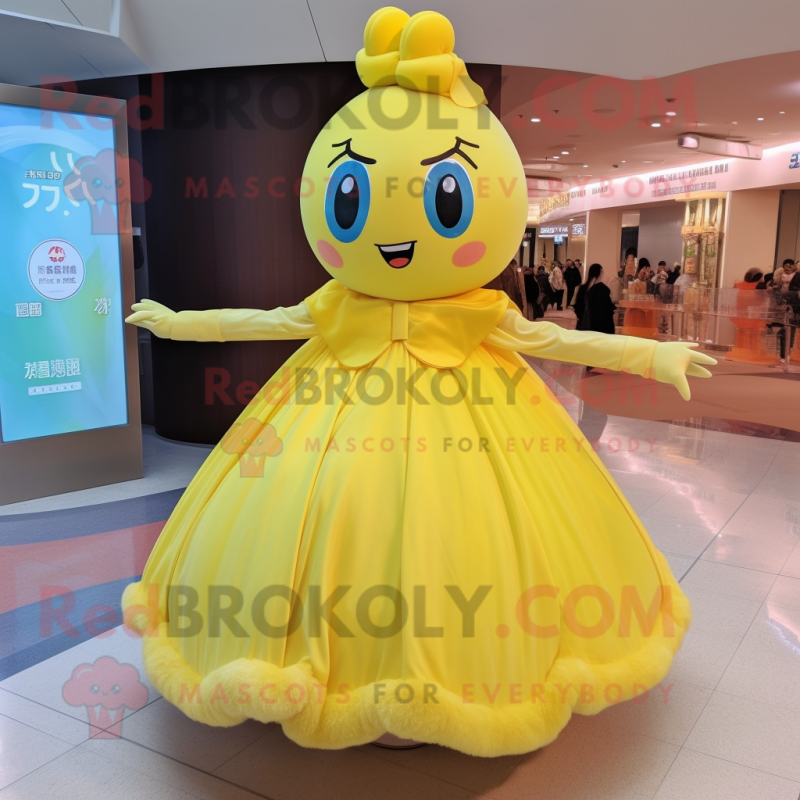 Lemon Yellow Miso Soup mascot costume character dressed with a Ball Gown and Rings Lemon Yellow Miso Soup mascot costume character dressed with a Ball Gown and Rings