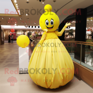 Lemon Yellow Miso Soup mascot costume character dressed with a Ball Gown and Rings