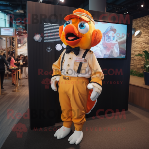 Gold Clown Fish mascot costume character dressed with a Oxford Shirt and Lapel pins