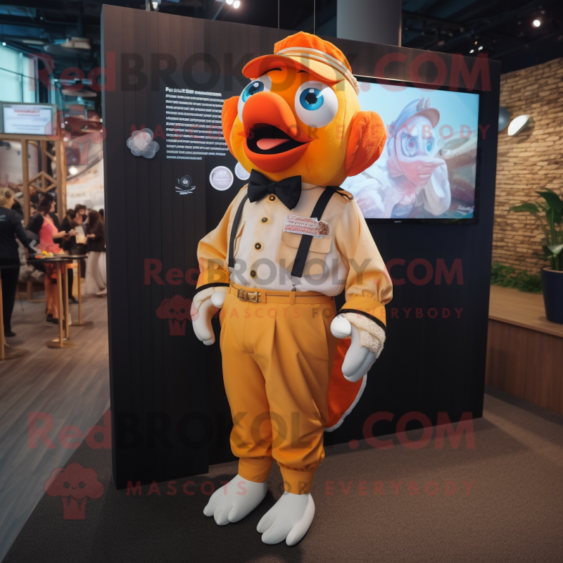 Gold Clown Fish mascot costume character dressed with a Oxford Shirt and Lapel pins Gold Clown Fish mascot costume character dressed with a Oxford Shirt and Lapel pins