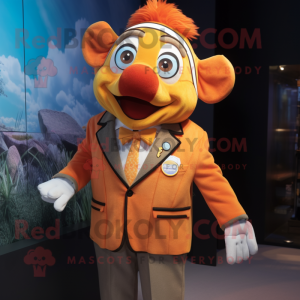 Gold Clown Fish mascot costume character dressed with a Oxford Shirt and Lapel pins