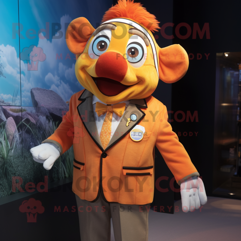 Gold Clown Fish mascot costume character dressed with a Oxford Shirt and Lapel pins