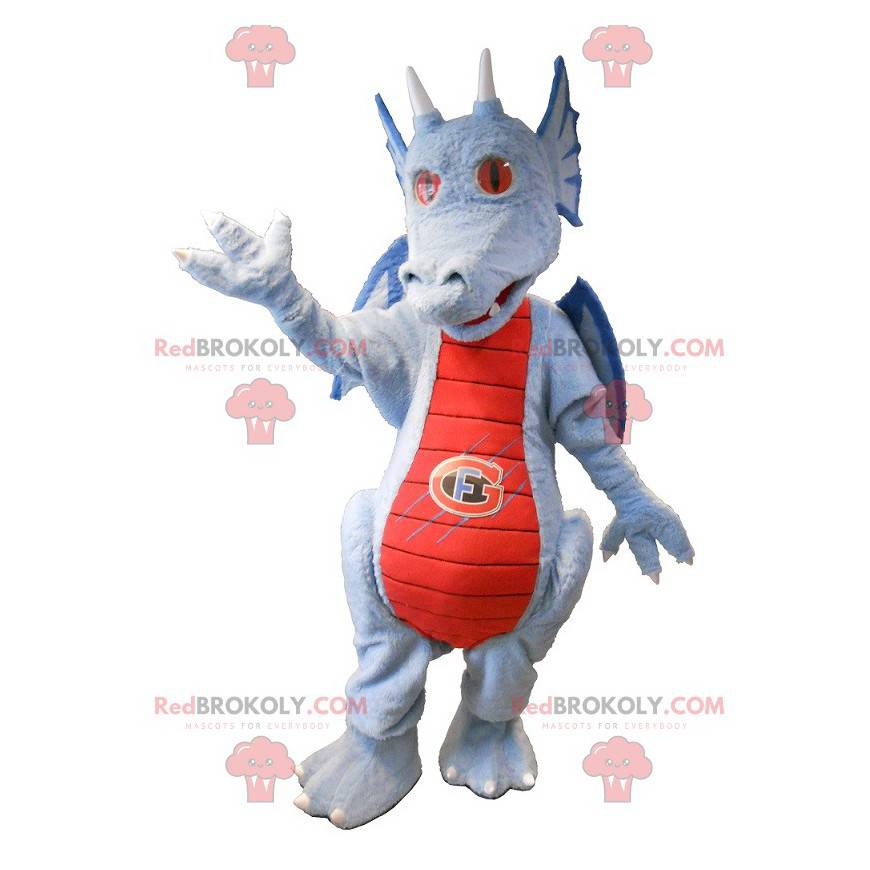 Mascote do dragão azul e vermelho. Mascote fantástica -