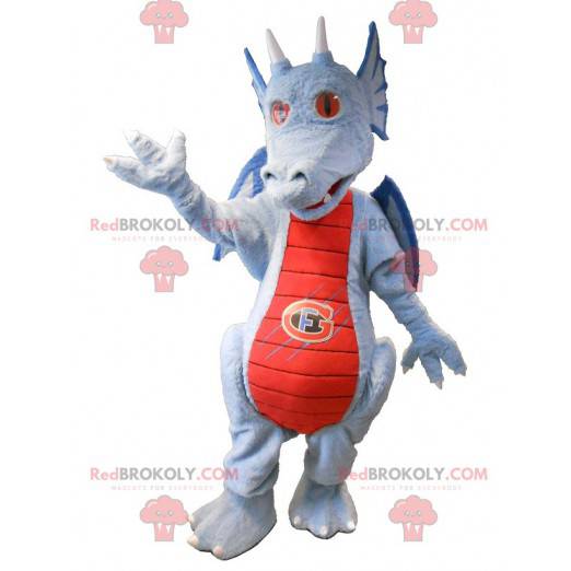 Blaues und rotes Drachenmaskottchen. Fantastisches Maskottchen