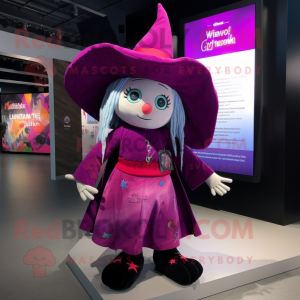 Magenta Witch mascot costume character dressed with a Romper and Suspenders