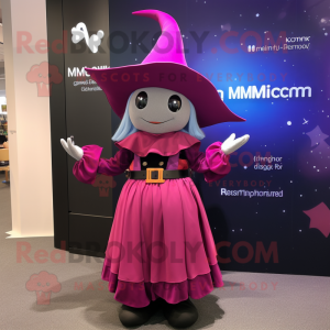 Magenta Witch mascot costume character dressed with a Romper and Suspenders