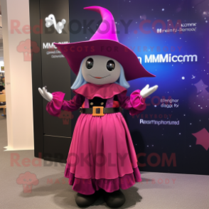Magenta Witch mascot costume character dressed with a Romper and Suspenders