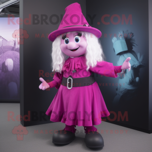 Magenta Witch mascot costume character dressed with a Romper and Suspenders