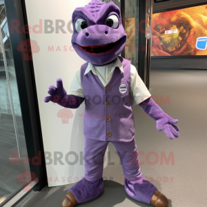 Purple Geckos mascot costume character dressed with a Button-Up Shirt and Foot pads