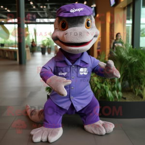 Purple Geckos mascot costume character dressed with a Button-Up Shirt and Foot pads
