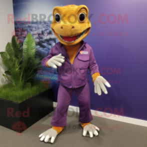 Purple Geckos mascot costume character dressed with a Button-Up Shirt and Foot pads
