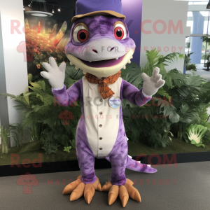 Purple Geckos mascot costume character dressed with a Button-Up Shirt and Foot pads