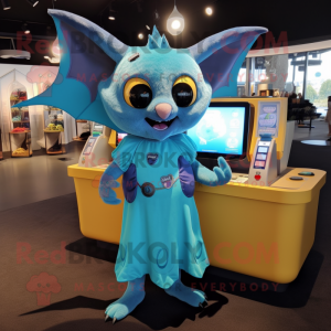 Cyan Bat mascot costume character dressed with a Midi Dress and Coin purses
