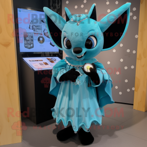 Cyan Bat mascot costume character dressed with a Midi Dress and Coin purses